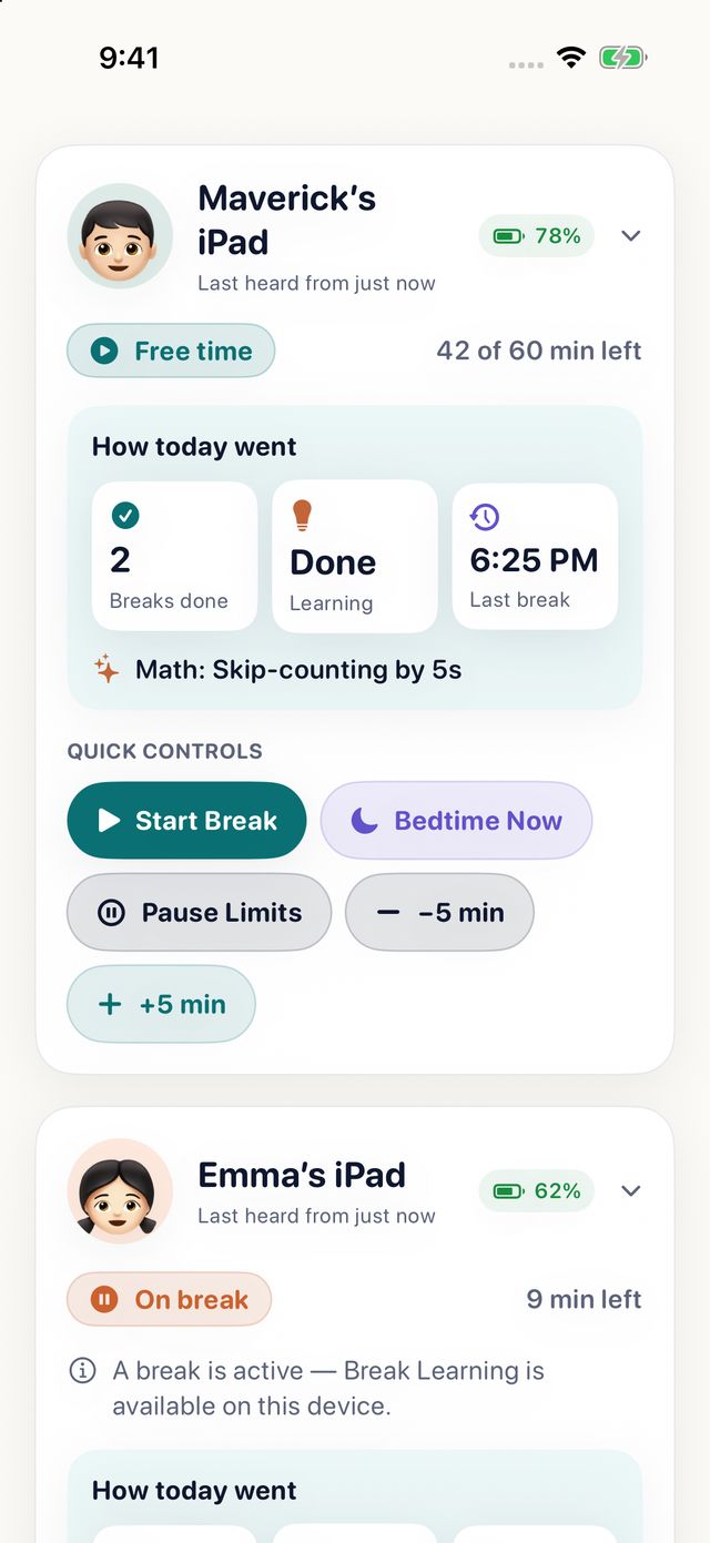 Parent dashboard with device cards, How today went, and quick controls