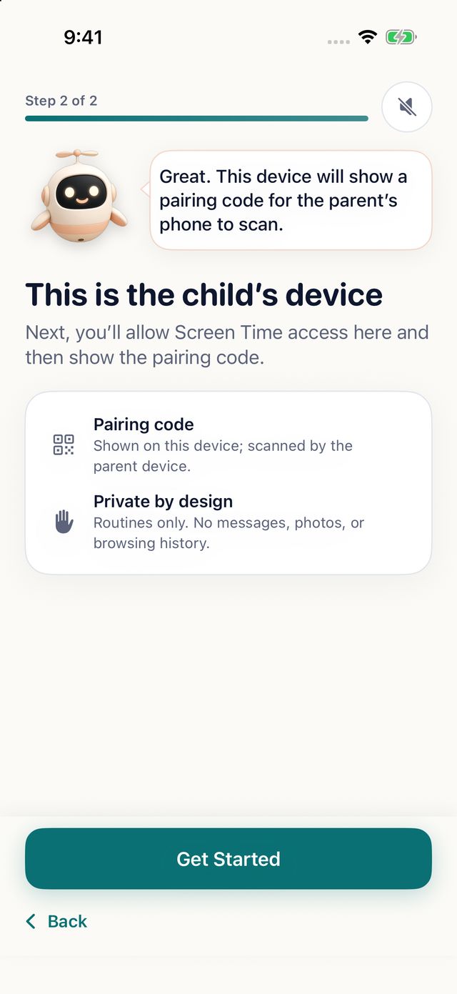 Child device setup: pairing code and private by design